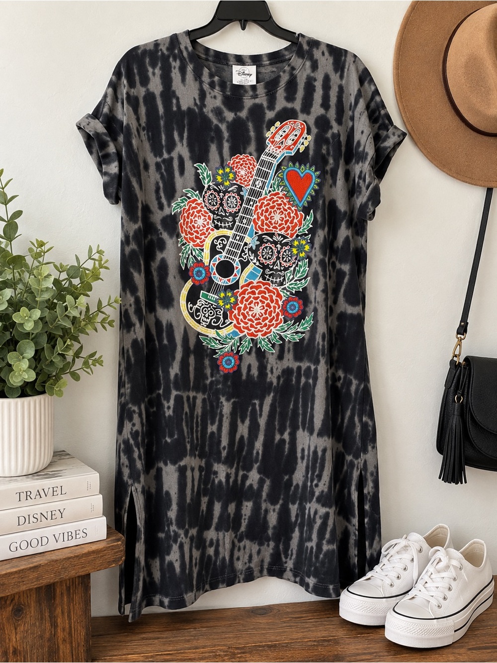 Disney Black Tie-Dye Midi Dress with Colorful Guitar Floral Motif